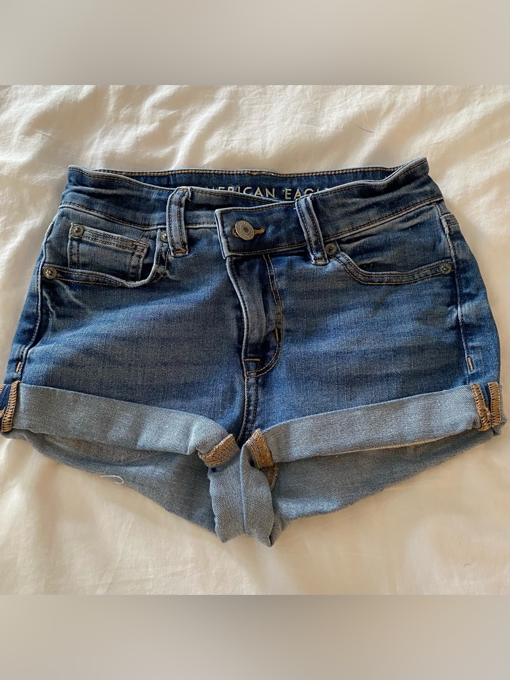 American Eagle Jean Shorts Women Teen Sz 000 Next level Stretch Blue Distressed